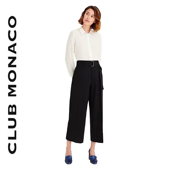 Club Monaco Christobelle Black Wide Leg High Rise Belted Cropped Wool Pants 8